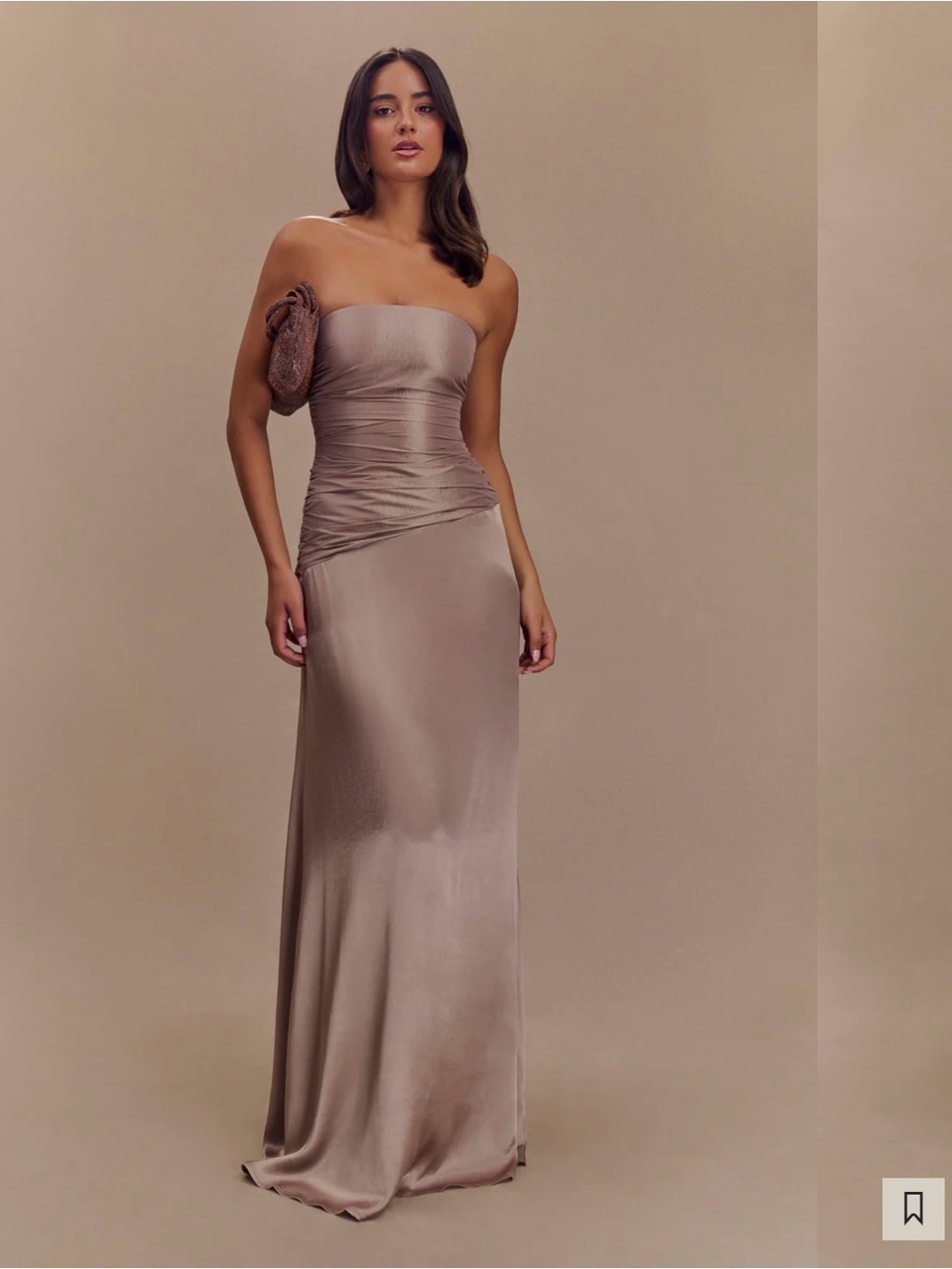 Meshki Strapless Satin Evening Dress in Taupe
